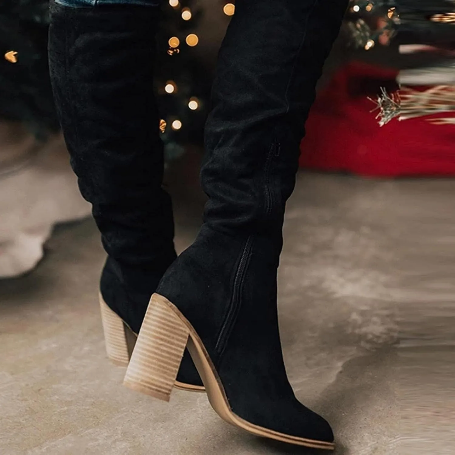 Over Knee Boots for Women Wide Calf Plus Size Fashion Boot Block High Heel Side Zipper Booties Casual Cozy Winter Boots