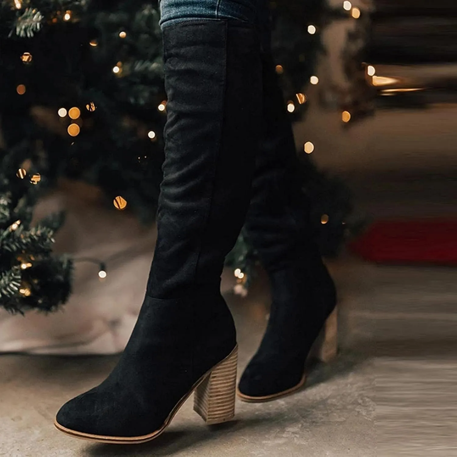Over Knee Boots for Women Wide Calf Plus Size Fashion Boot Block High Heel Side Zipper Booties Casual Cozy Winter Boots