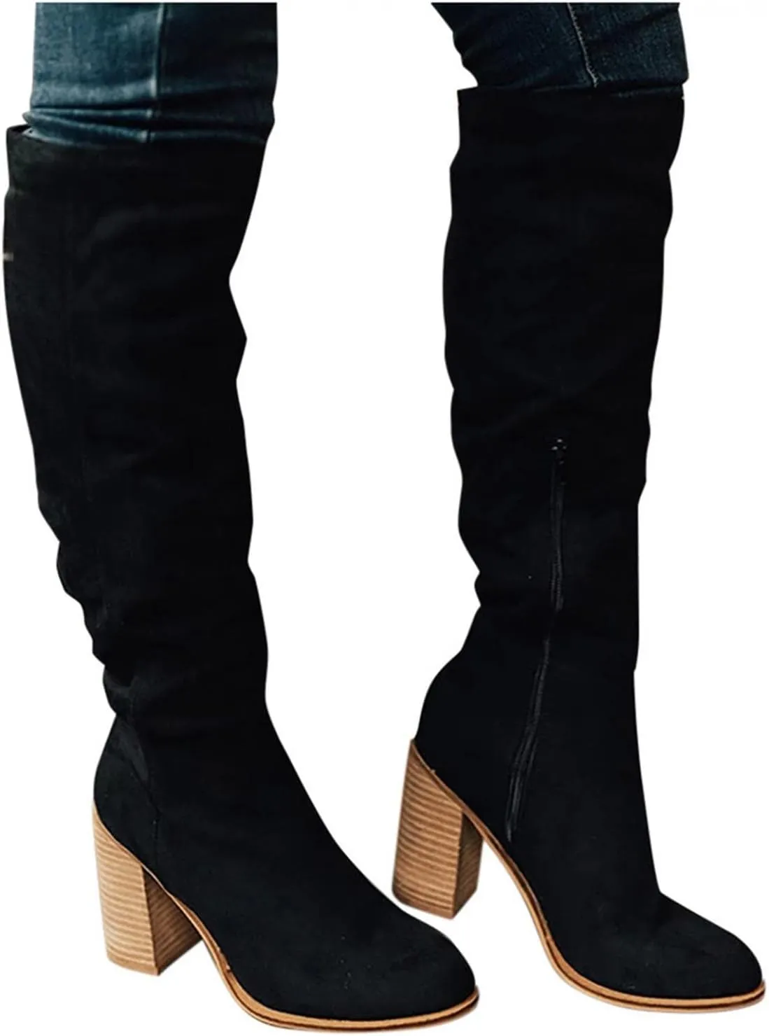 Over Knee Boots for Women Wide Calf Plus Size Fashion Boot Block High Heel Side Zipper Booties Casual Cozy Winter Boots