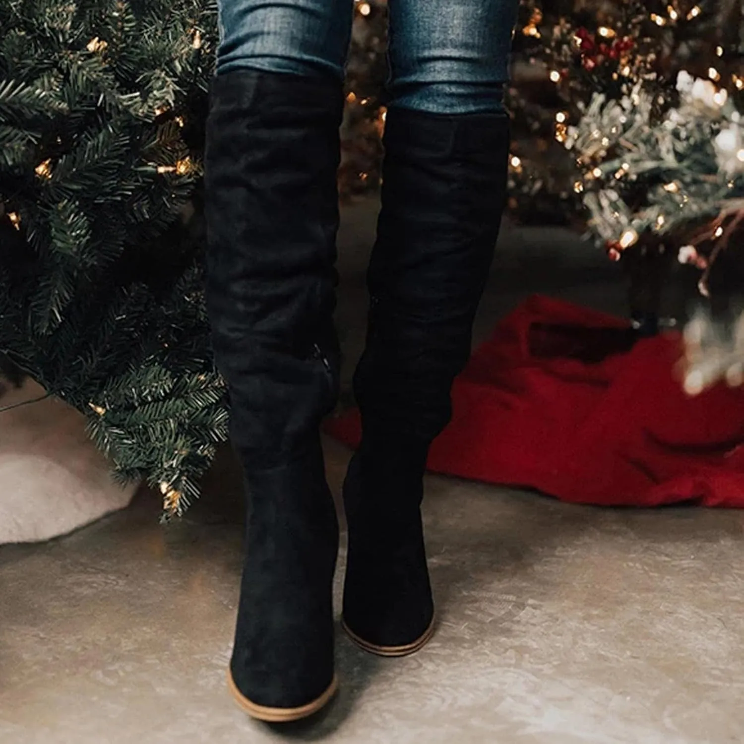 Over Knee Boots for Women Wide Calf Plus Size Fashion Boot Block High Heel Side Zipper Booties Casual Cozy Winter Boots