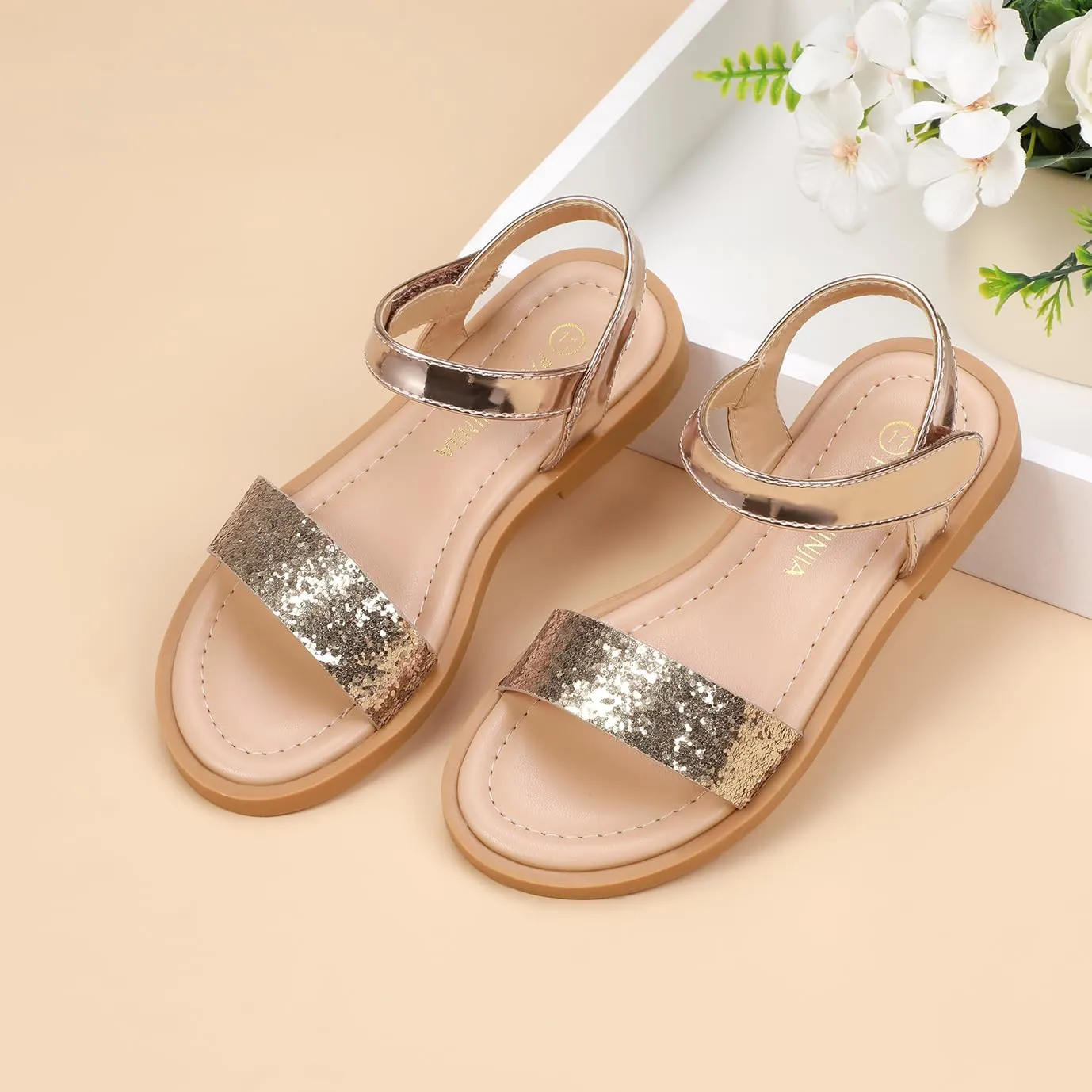 PANDANINJIA Gina Girls Sandals Open Toe Summer Flats Dress Sandals Shoes Toddler/Little Kid/Big Kid