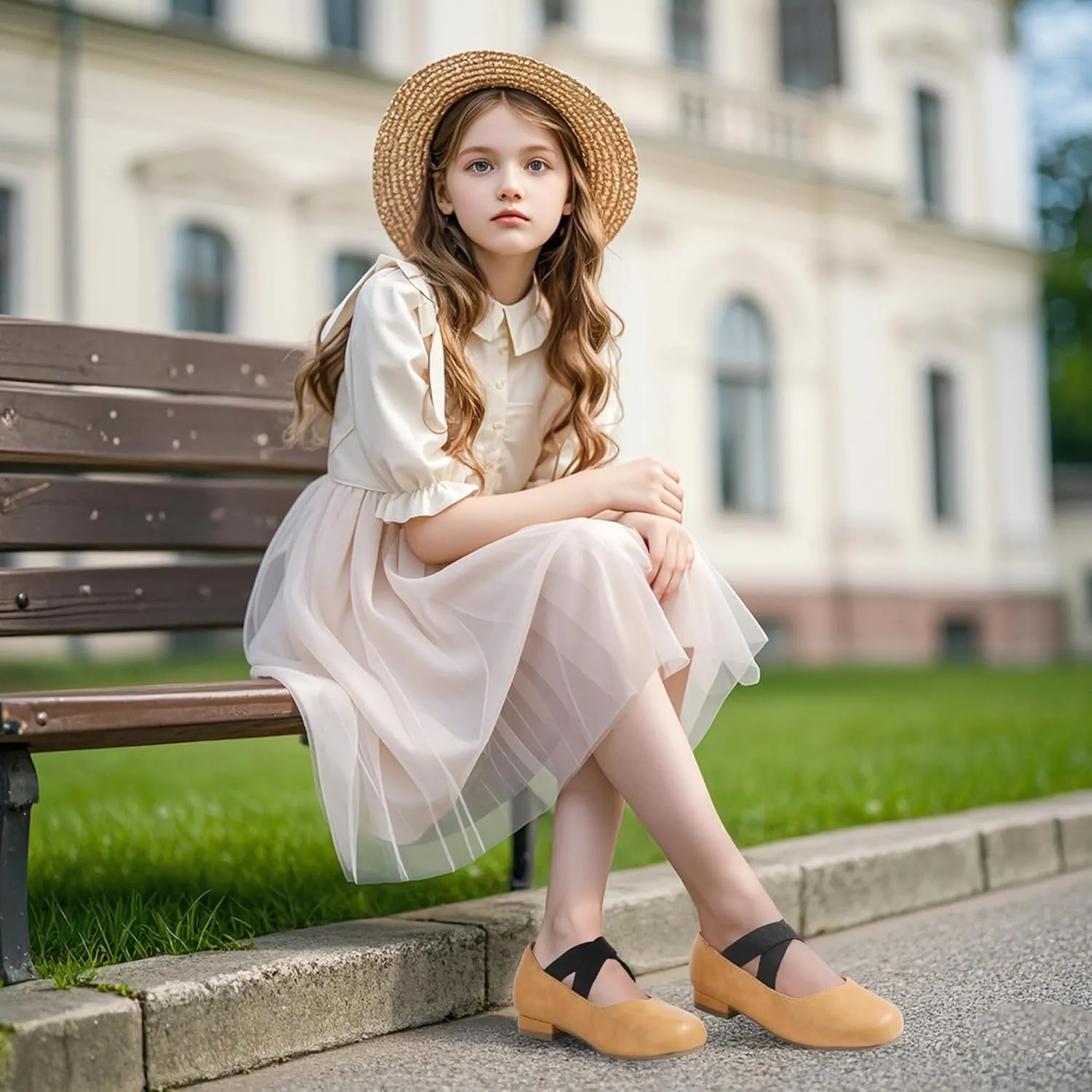 PANDANINJIA Girls Dress Shoes Ballet Flats Mary Jane Elastic Cross Strap Little Big Kid Low Heels Flower Girl Shoes
