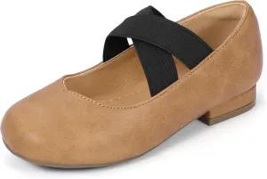 PANDANINJIA Girls Dress Shoes Ballet Flats Mary Jane Elastic Cross Strap Little Big Kid Low Heels Flower Girl Shoes