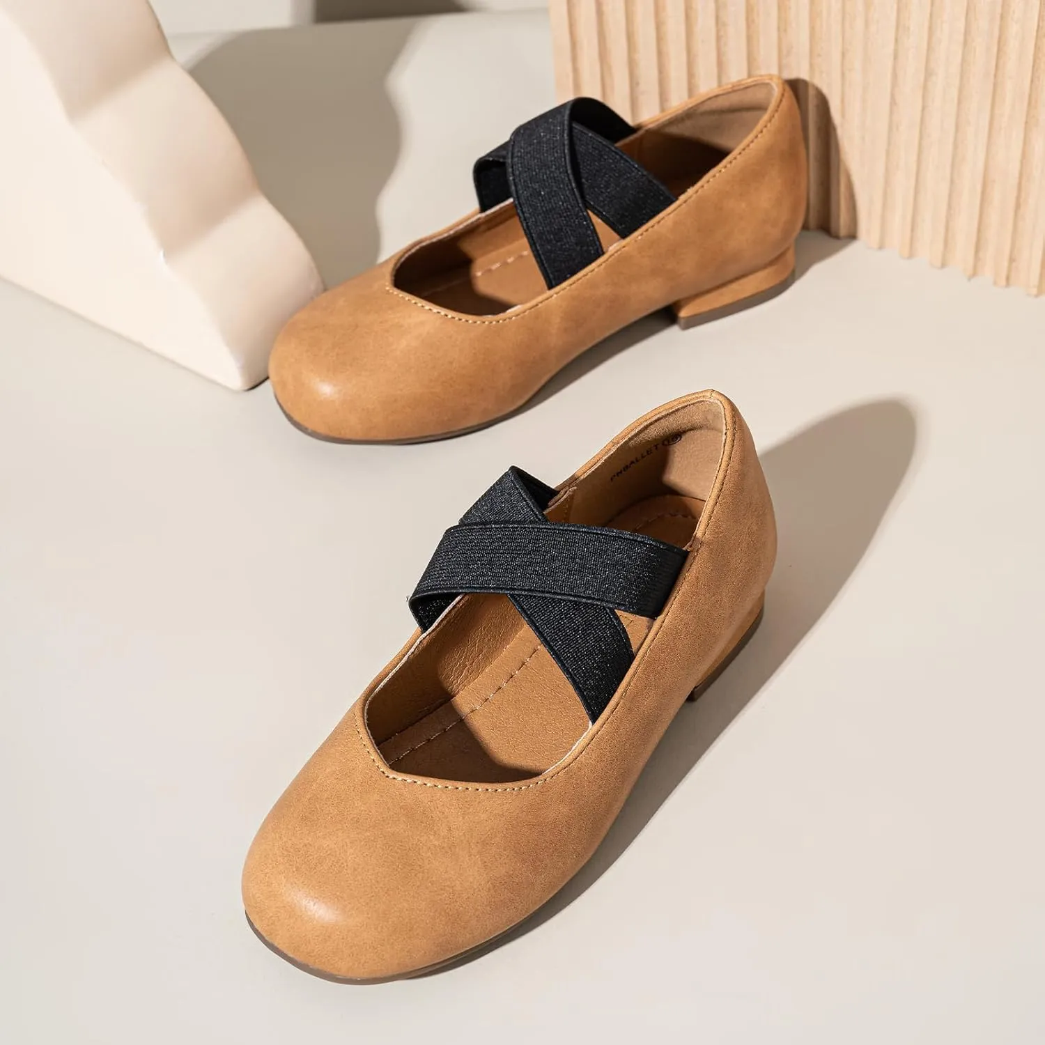 PANDANINJIA Girls Dress Shoes Ballet Flats Mary Jane Elastic Cross Strap Little Big Kid Low Heels Flower Girl Shoes