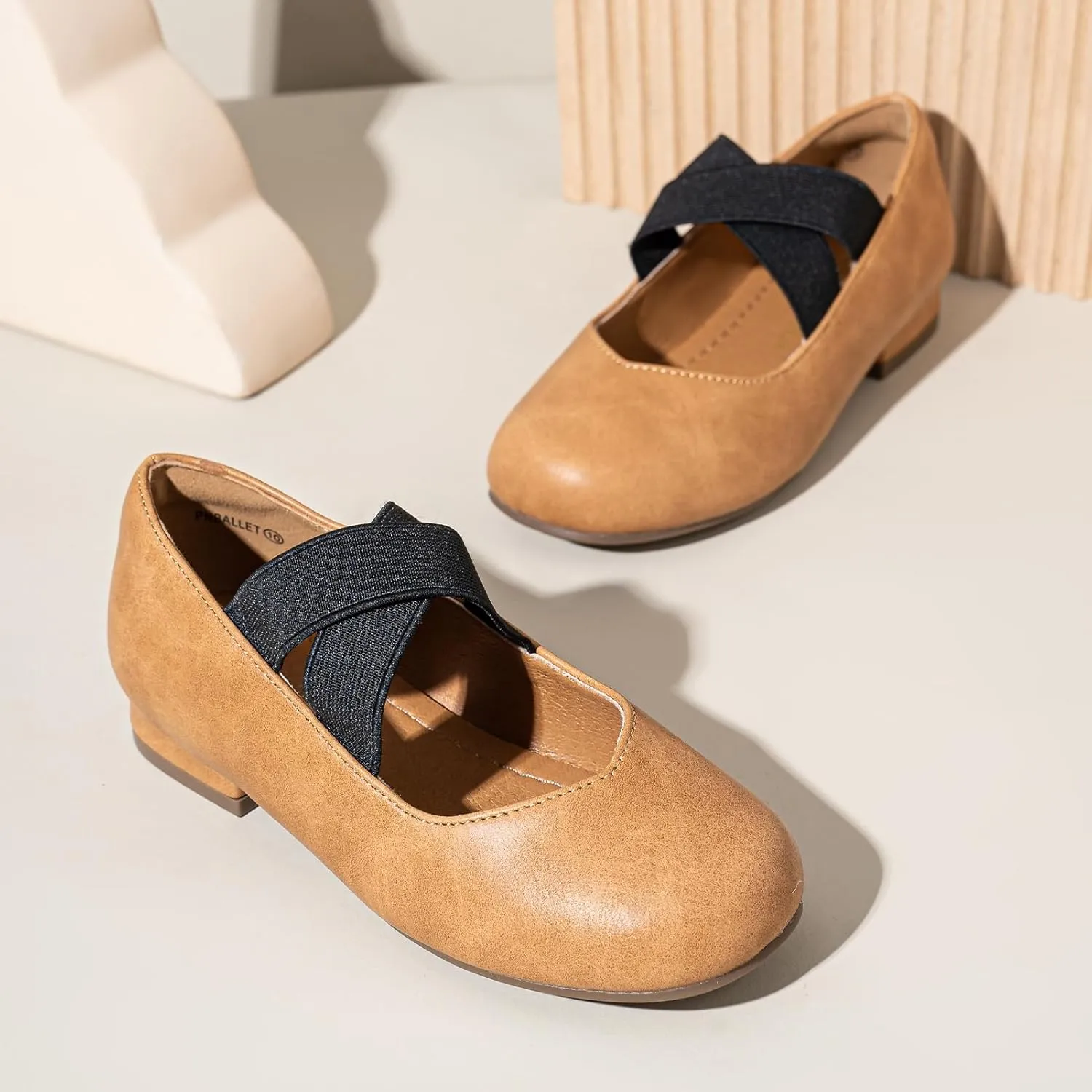 PANDANINJIA Girls Dress Shoes Ballet Flats Mary Jane Elastic Cross Strap Little Big Kid Low Heels Flower Girl Shoes