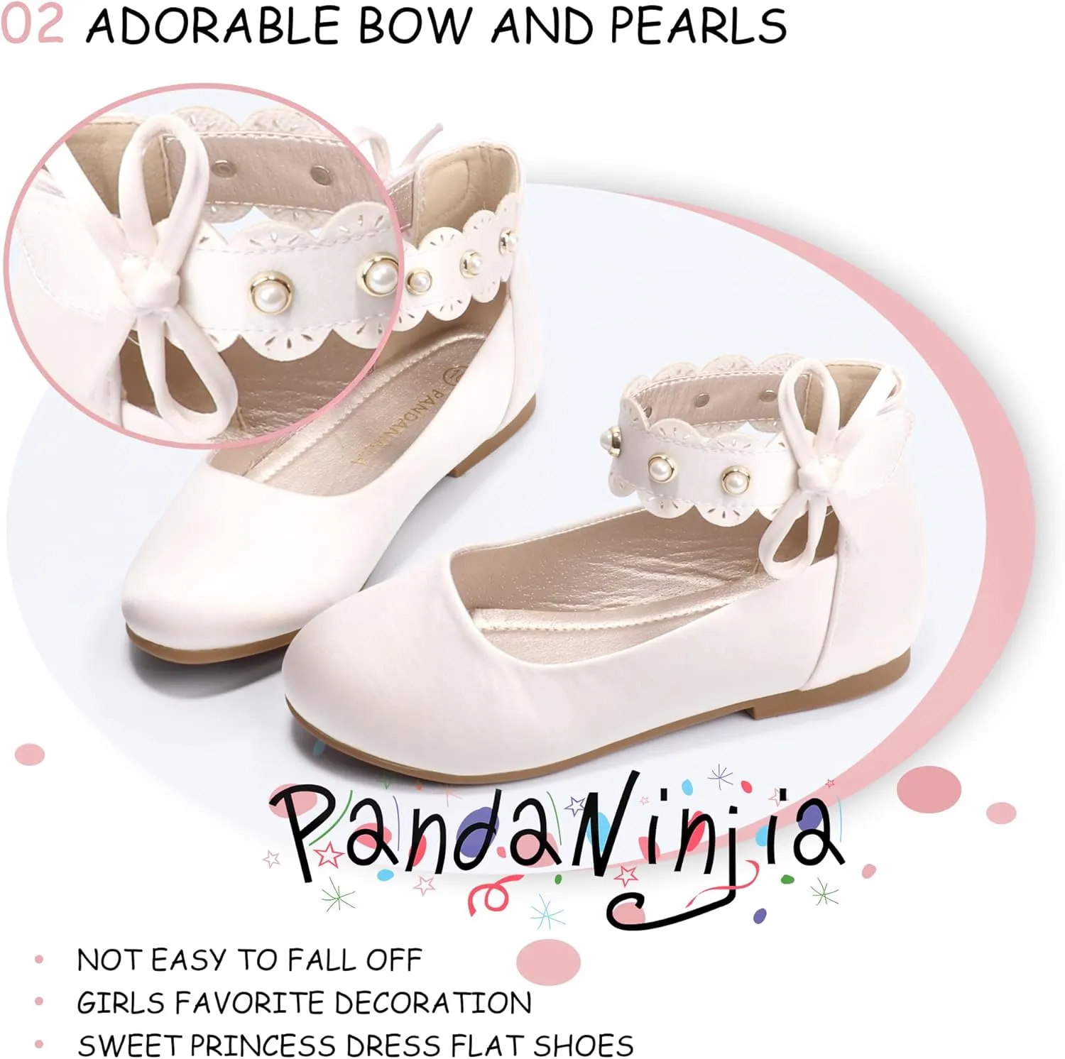 PANDANINJIA Girls Dress Shoes Flower Girl Ballet Flats Pearls Mary Jane Wedding Ankle Strap Toddler Little Kids