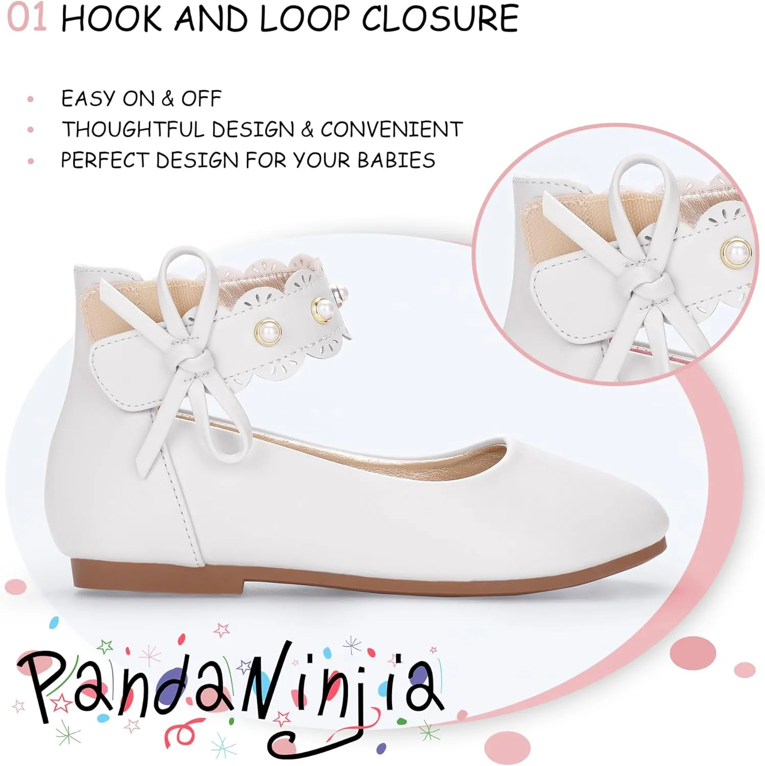 PANDANINJIA Girls Dress Shoes Flower Girl Ballet Flats Pearls Mary Jane Wedding Ankle Strap Toddler Little Kids