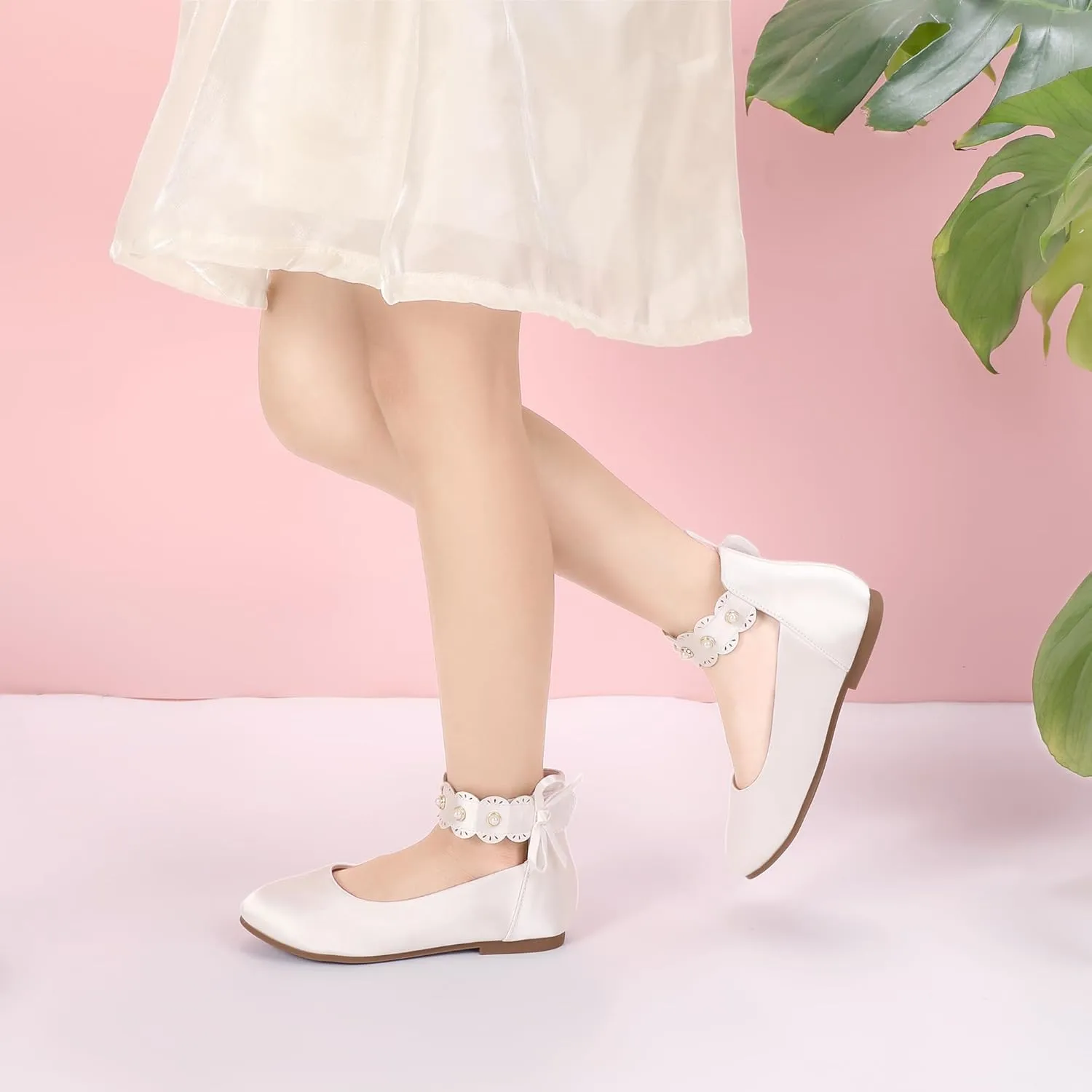 PANDANINJIA Girls Dress Shoes Flower Girl Ballet Flats Pearls Mary Jane Wedding Ankle Strap Toddler Little Kids