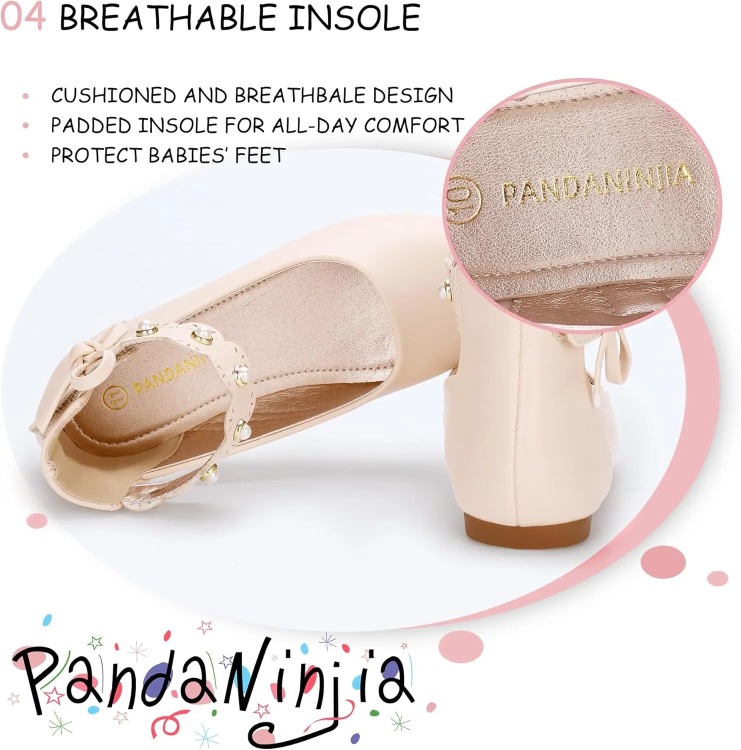 PANDANINJIA Girls Dress Shoes Flower Girl Ballet Flats Pearls Mary Jane Wedding Ankle Strap Toddler Little Kids