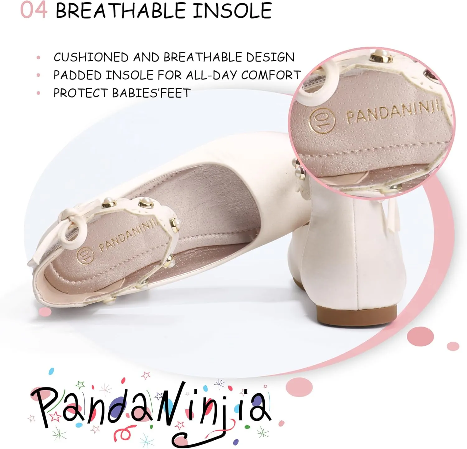 PANDANINJIA Girls Dress Shoes Flower Girl Ballet Flats Pearls Mary Jane Wedding Ankle Strap Toddler Little Kids