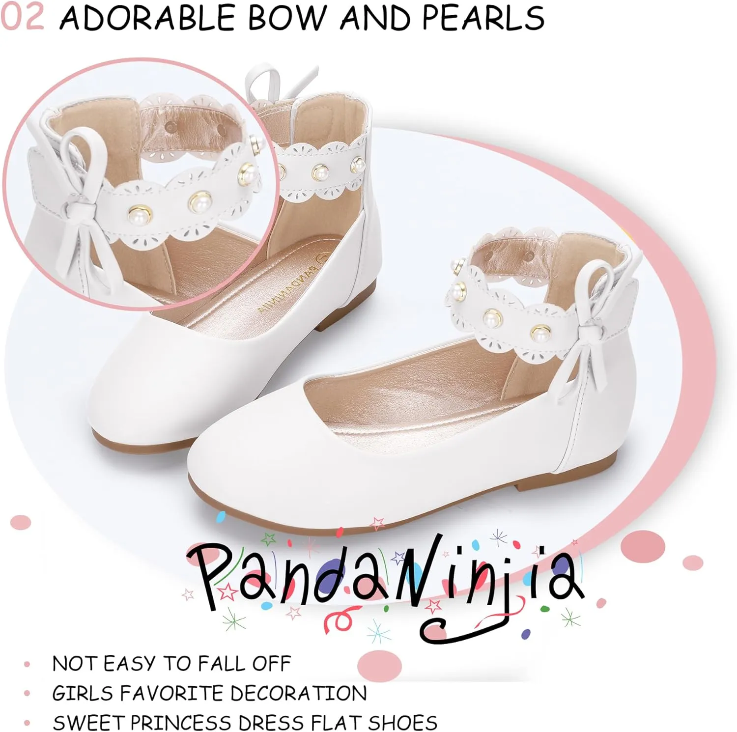 PANDANINJIA Girls Dress Shoes Flower Girl Ballet Flats Pearls Mary Jane Wedding Ankle Strap Toddler Little Kids