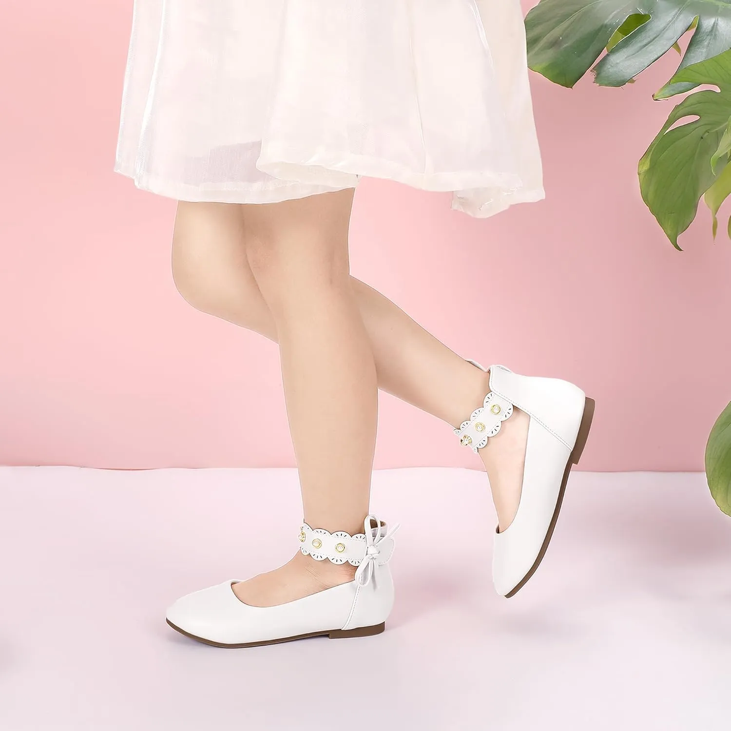 PANDANINJIA Girls Dress Shoes Flower Girl Ballet Flats Pearls Mary Jane Wedding Ankle Strap Toddler Little Kids