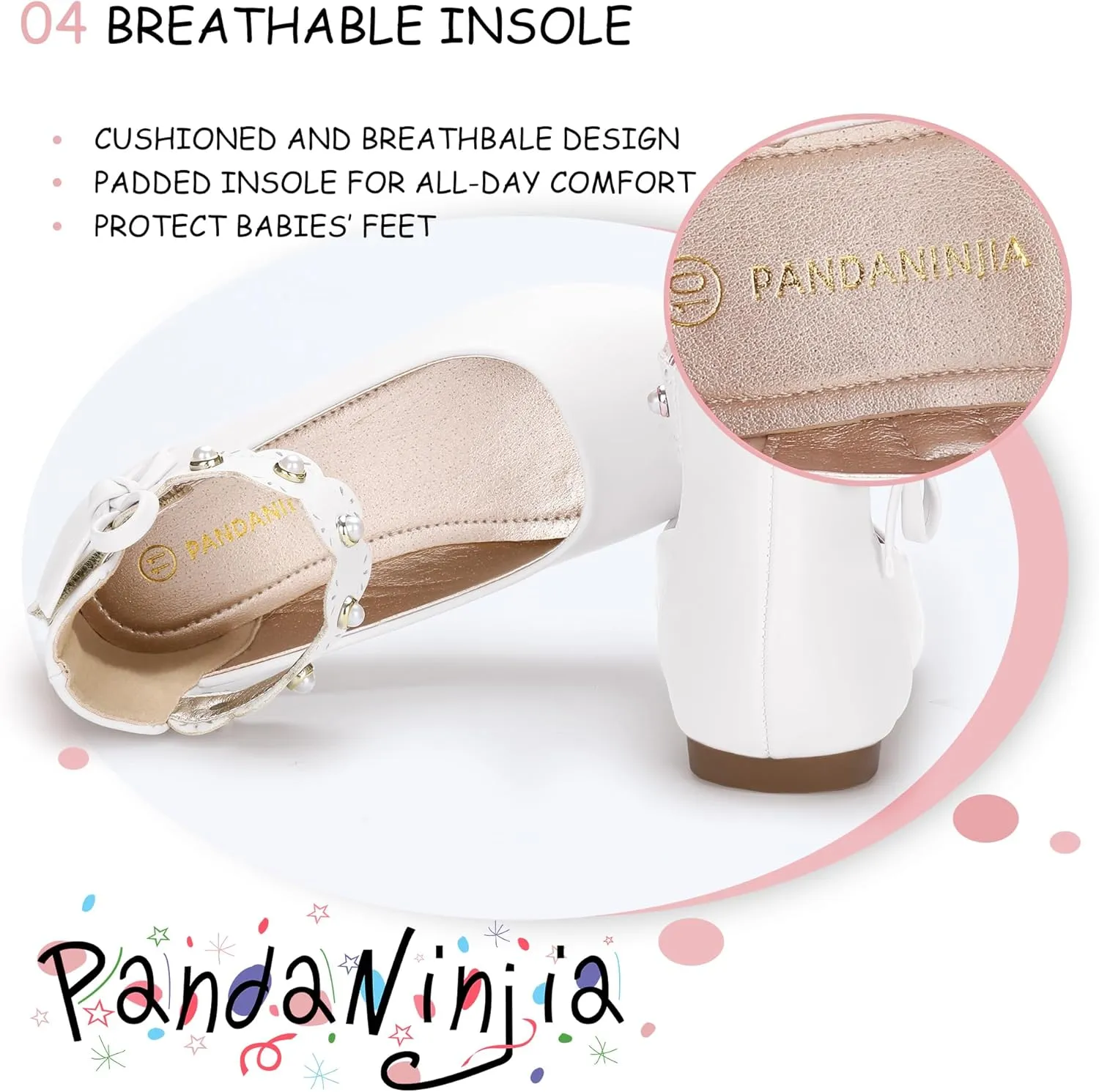 PANDANINJIA Girls Dress Shoes Flower Girl Ballet Flats Pearls Mary Jane Wedding Ankle Strap Toddler Little Kids