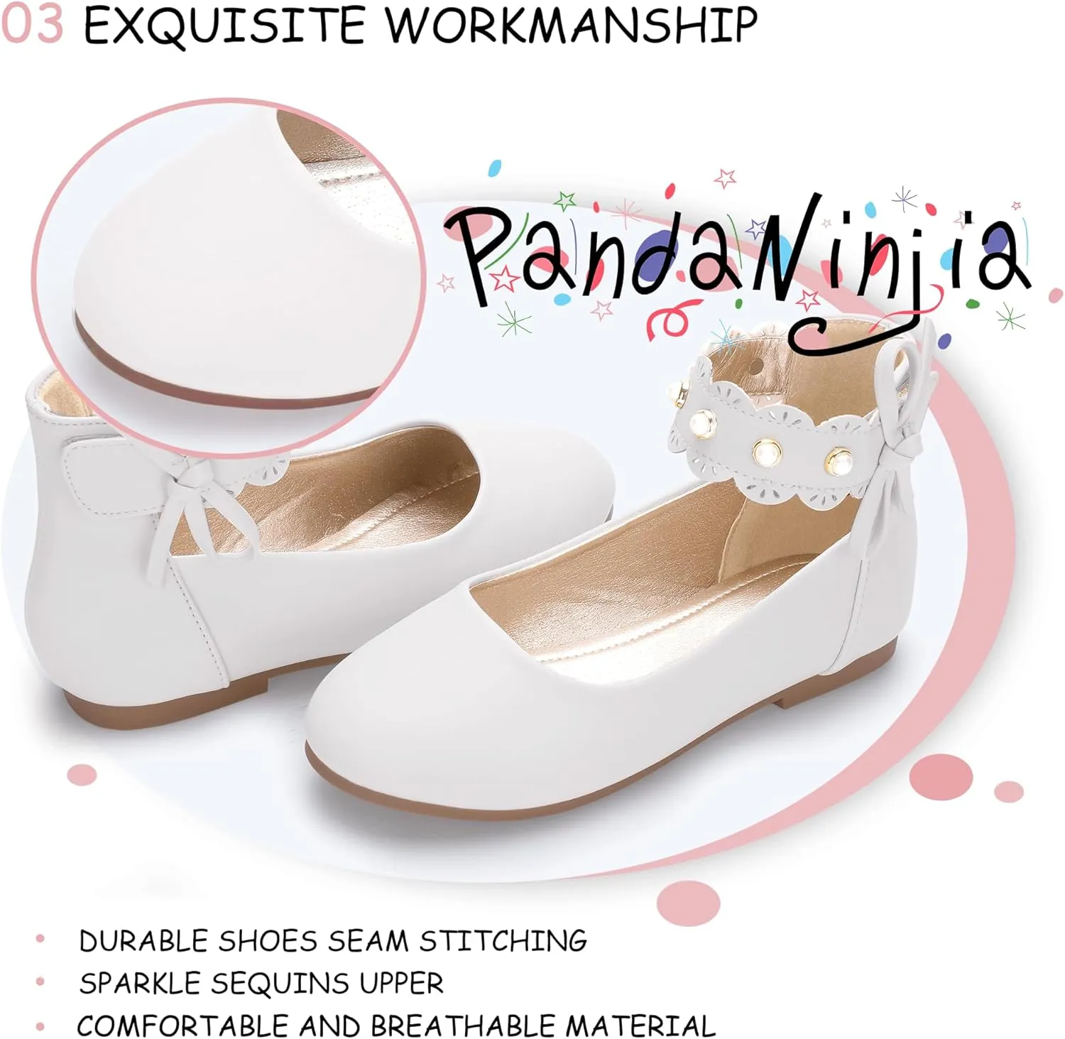 PANDANINJIA Girls Dress Shoes Flower Girl Ballet Flats Pearls Mary Jane Wedding Ankle Strap Toddler Little Kids