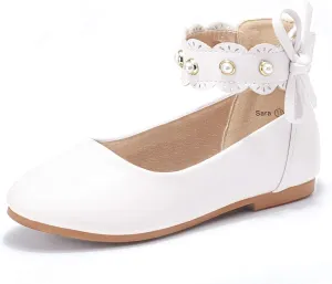 PANDANINJIA Girls Dress Shoes Flower Girl Ballet Flats Pearls Mary Jane Wedding Ankle Strap Toddler Little Kids