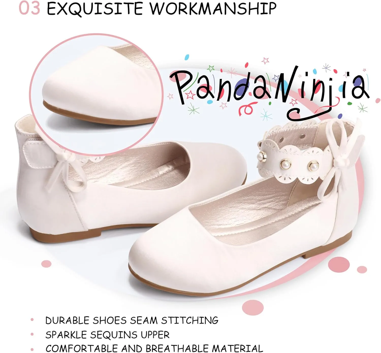 PANDANINJIA Girls Dress Shoes Flower Girl Ballet Flats Pearls Mary Jane Wedding Ankle Strap Toddler Little Kids