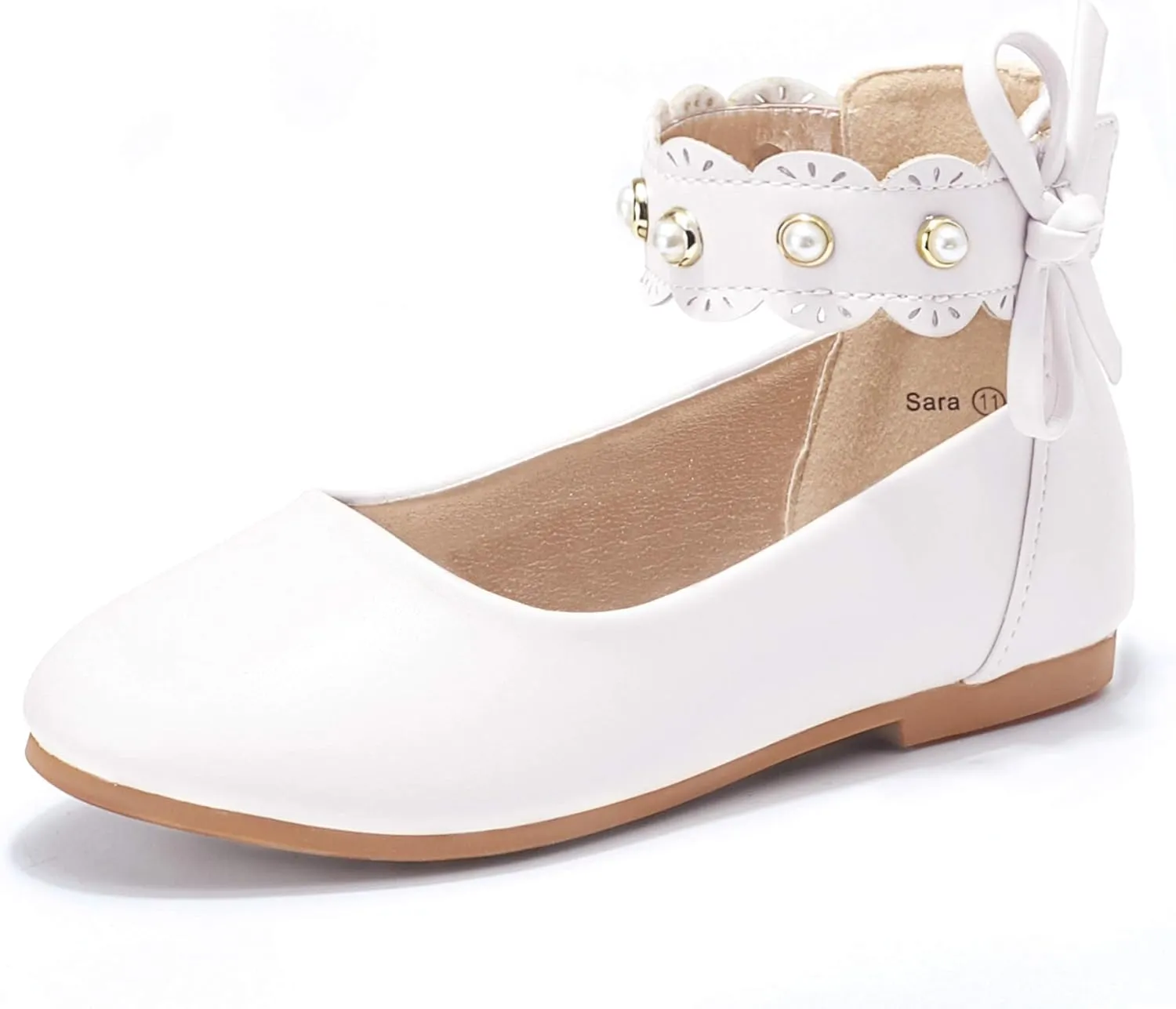 PANDANINJIA Girls Dress Shoes Flower Girl Ballet Flats Pearls Mary Jane Wedding Ankle Strap Toddler Little Kids
