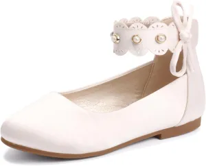 PANDANINJIA Girls Dress Shoes Flower Girl Ballet Flats Pearls Mary Jane Wedding Ankle Strap Toddler Little Kids