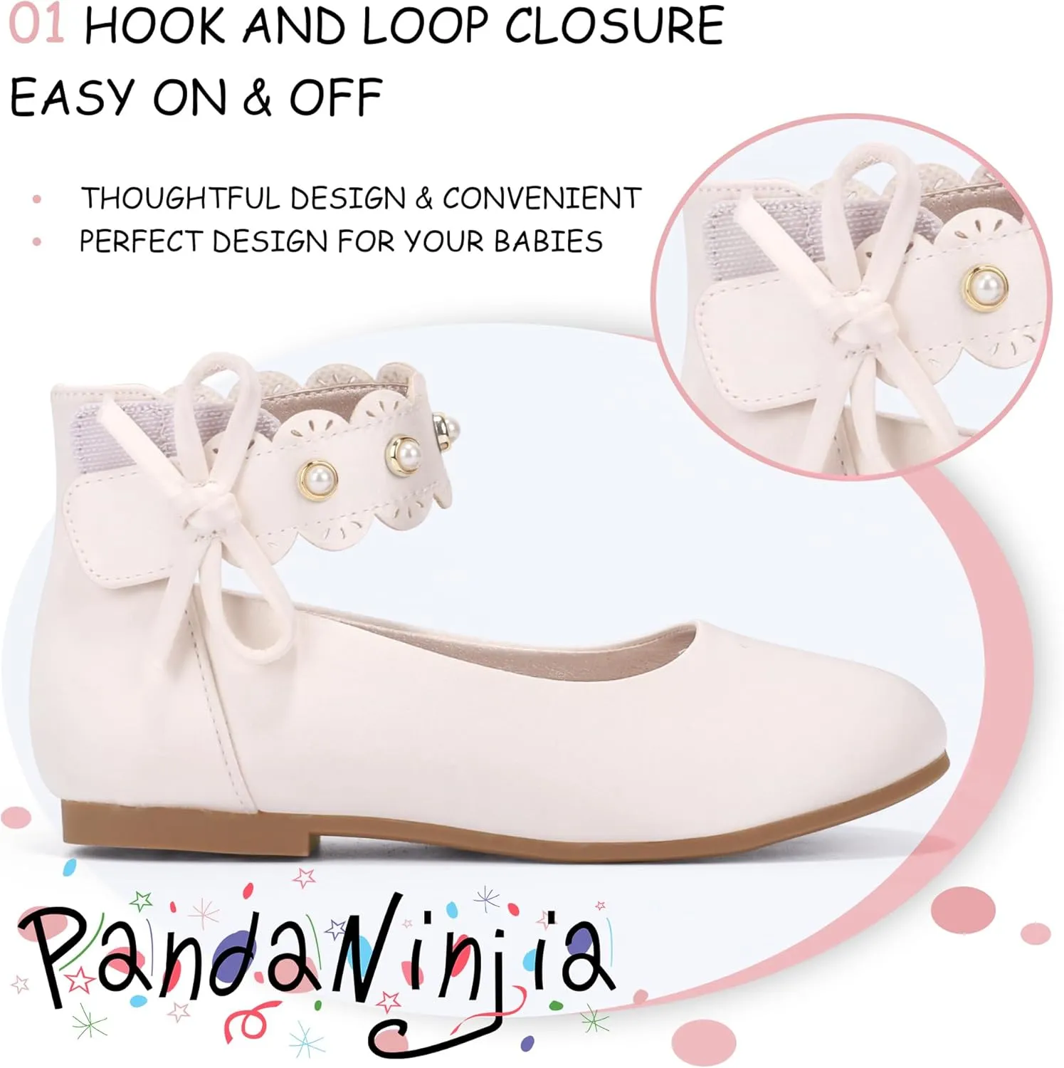 PANDANINJIA Girls Dress Shoes Flower Girl Ballet Flats Pearls Mary Jane Wedding Ankle Strap Toddler Little Kids