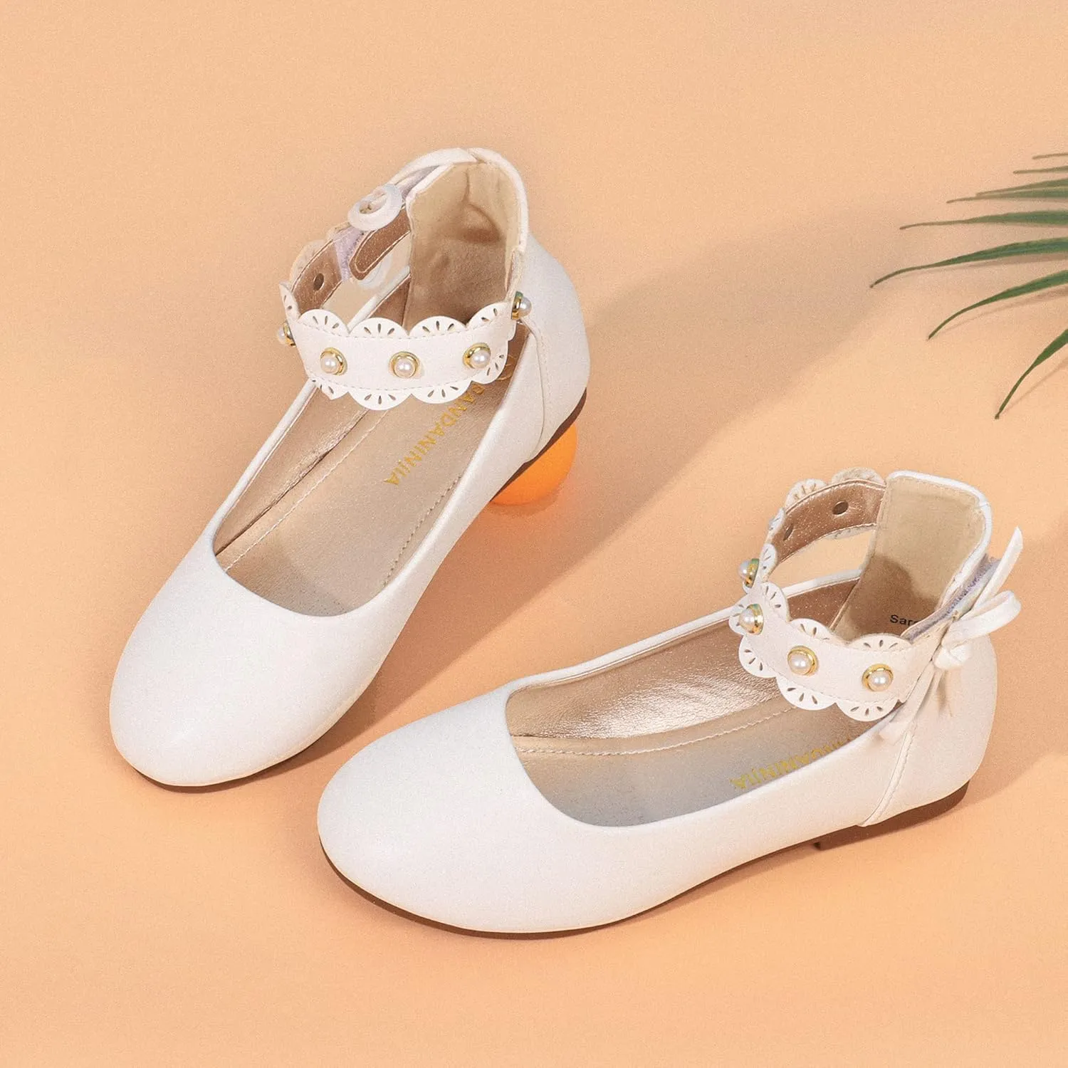 PANDANINJIA Girls Dress Shoes Flower Girl Ballet Flats Pearls Mary Jane Wedding Ankle Strap Toddler Little Kids