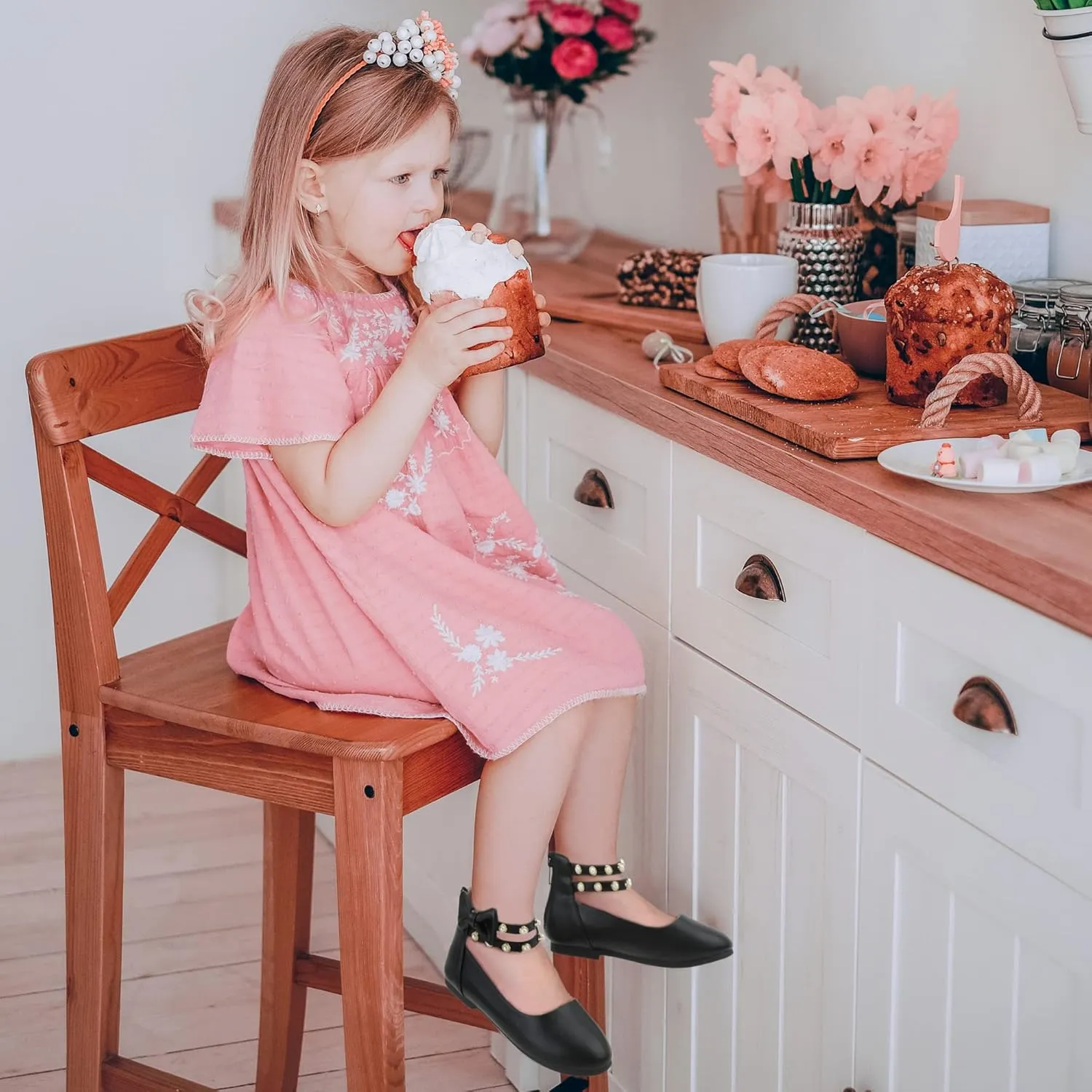 PANDANINJIA Jessica Toddler Girls Dress Shoes Ankle Strap Ballet Flats Flower Girl Shoes for Wedding Party School