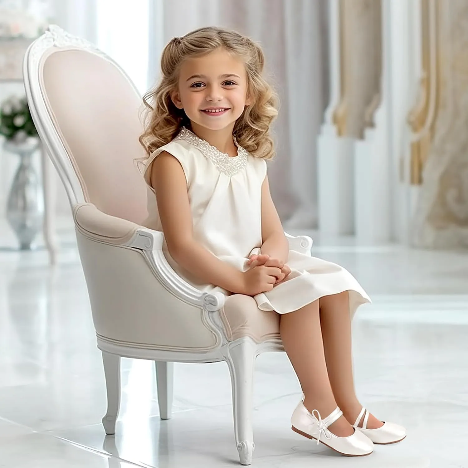 PANDANINJIA Naomi Girls Dress Shoes Mary Jane Ballet Flats Flower Girl Wedding Party Communion Shoes for Toddler Little Kid Big Kid