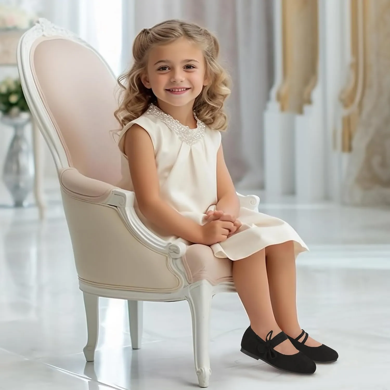 PANDANINJIA Naomi Girls Dress Shoes Mary Jane Ballet Flats Flower Girl Wedding Party Communion Shoes for Toddler Little Kid Big Kid