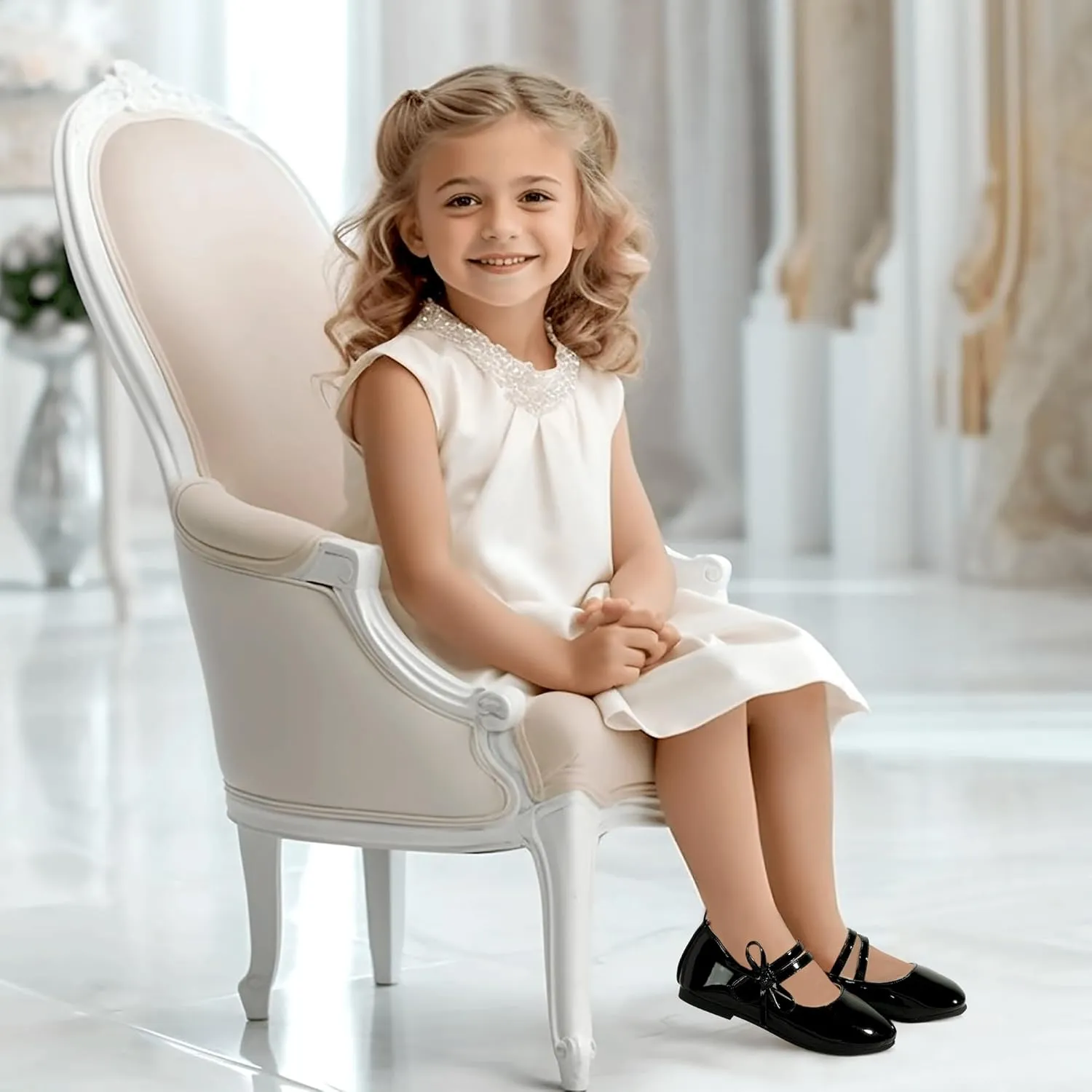 PANDANINJIA Naomi Girls Dress Shoes Mary Jane Ballet Flats Flower Girl Wedding Party Communion Shoes for Toddler Little Kid Big Kid