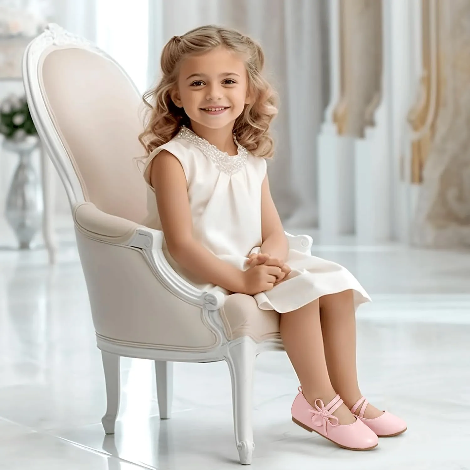 PANDANINJIA Naomi Girls Dress Shoes Mary Jane Ballet Flats Flower Girl Wedding Party Communion Shoes for Toddler Little Kid Big Kid