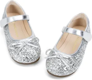 PANDANINJIA Toddler Dress Shoes Bowknot Mary Jane Shoes Girls Ballet Flats for Kids Wedding Party Uniform Church Shoes