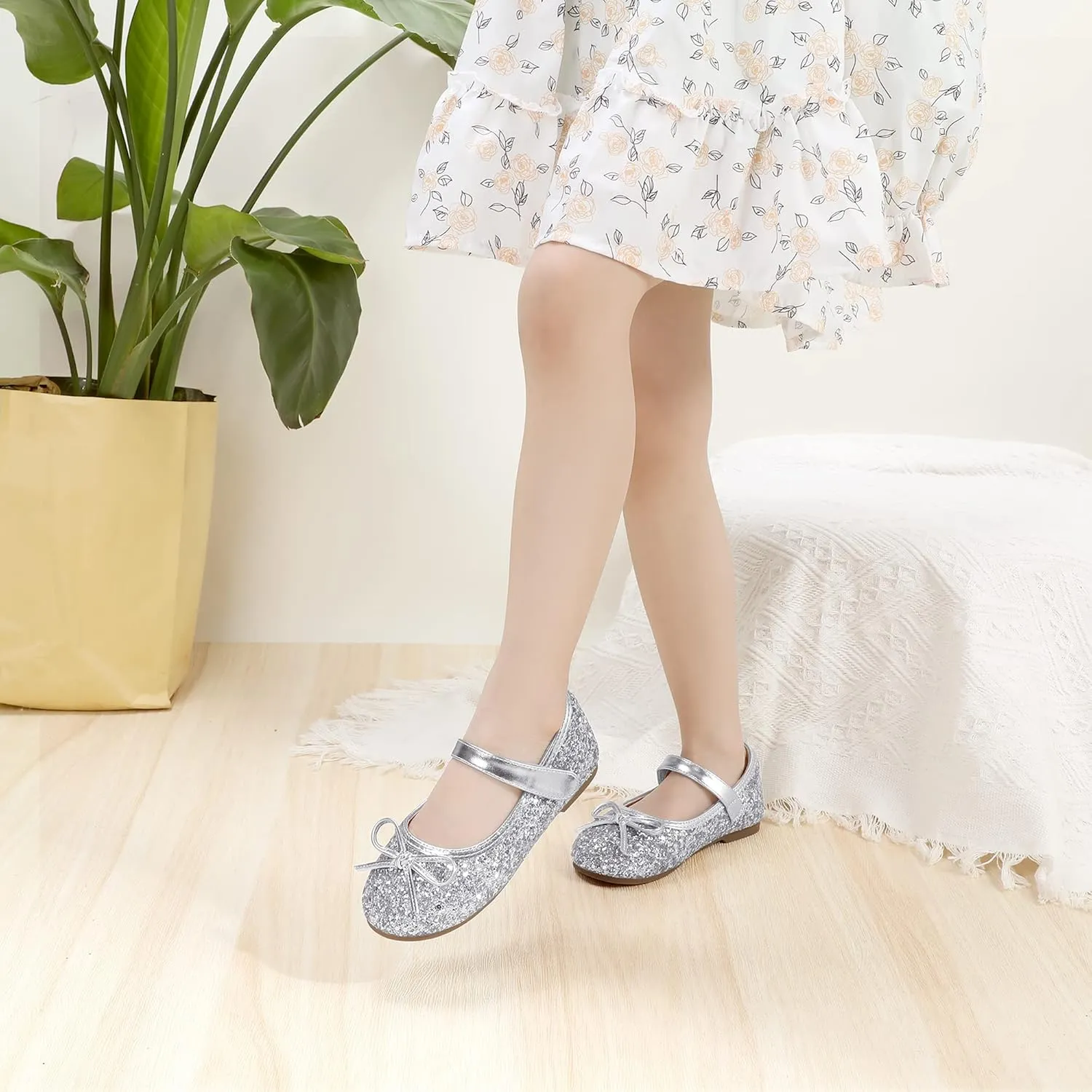 PANDANINJIA Toddler Dress Shoes Bowknot Mary Jane Shoes Girls Ballet Flats for Kids Wedding Party Uniform Church Shoes