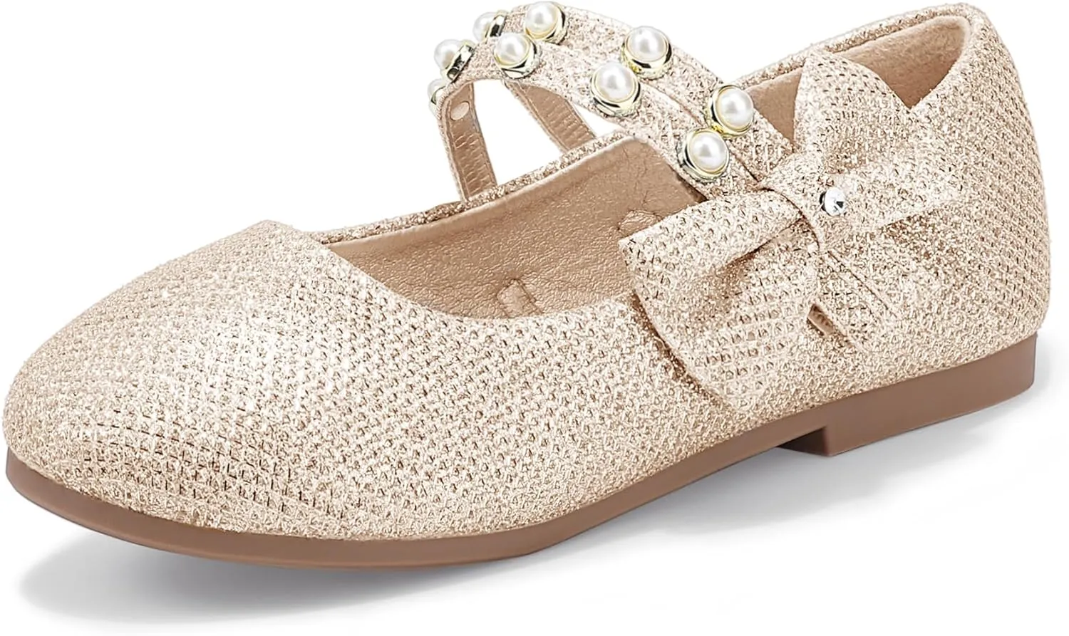 PANDANINJIA Toddler Girls Dress Shoes Pearls Bow Ballet Flats Flower Girl Shoes for Wedding Party School Communion Shoes