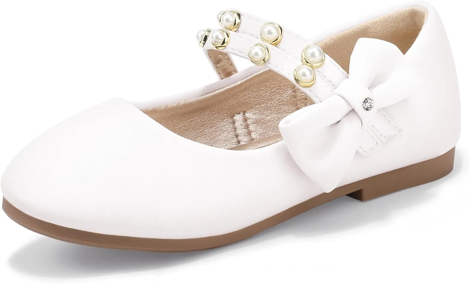 PANDANINJIA Toddler Girls Dress Shoes Pearls Bow Ballet Flats Flower Girl Shoes for Wedding Party School Communion Shoes