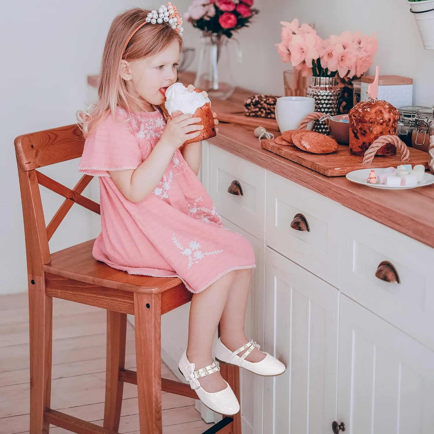 PANDANINJIA Toddler Girls Dress Shoes Pearls Bow Ballet Flats Flower Girl Shoes for Wedding Party School Communion Shoes