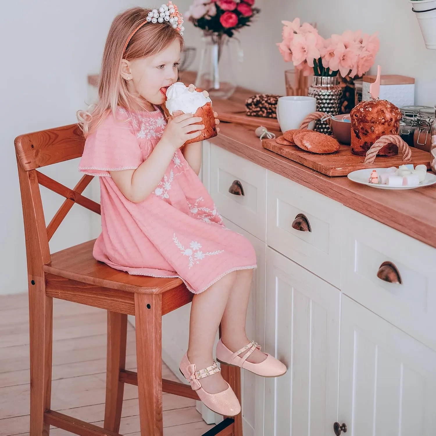 PANDANINJIA Toddler Girls Dress Shoes Pearls Bow Ballet Flats Flower Girl Shoes for Wedding Party School Communion Shoes