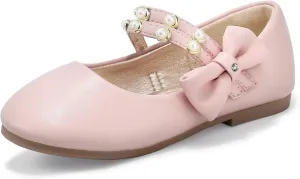 PANDANINJIA Toddler Girls Dress Shoes Pearls Bow Ballet Flats Flower Girl Shoes for Wedding Party School Communion Shoes