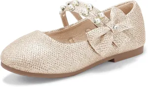 PANDANINJIA Toddler Girls Dress Shoes Pearls Bow Ballet Flats Flower Girl Shoes for Wedding Party School Communion Shoes