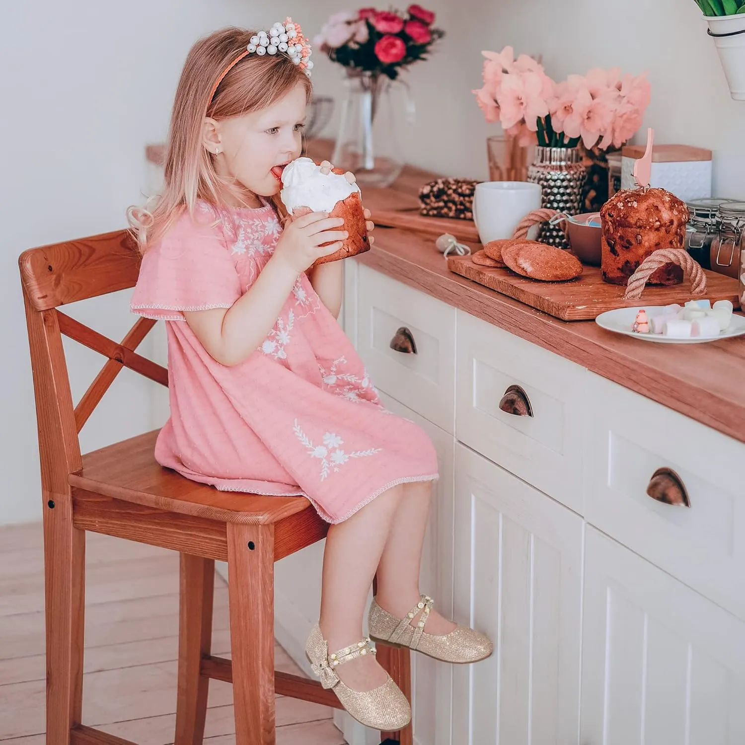 PANDANINJIA Toddler Girls Dress Shoes Pearls Bow Ballet Flats Flower Girl Shoes for Wedding Party School Communion Shoes