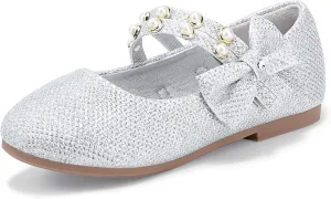 PANDANINJIA Toddler Girls Dress Shoes Pearls Bow Ballet Flats Flower Girl Shoes for Wedding Party School Communion Shoes
