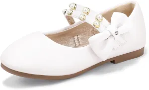 PANDANINJIA Toddler Girls Dress Shoes Pearls Bow Ballet Flats Flower Girl Shoes for Wedding Party School Communion Shoes
