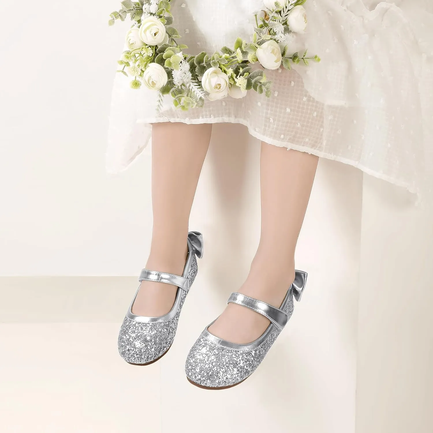 PANDANINJIA Toddler/Little Kid Girl's Angela Dress Mary Jane Ballet Flats Bow Flower Girl Wedding Party Ballerina Flat Shoes