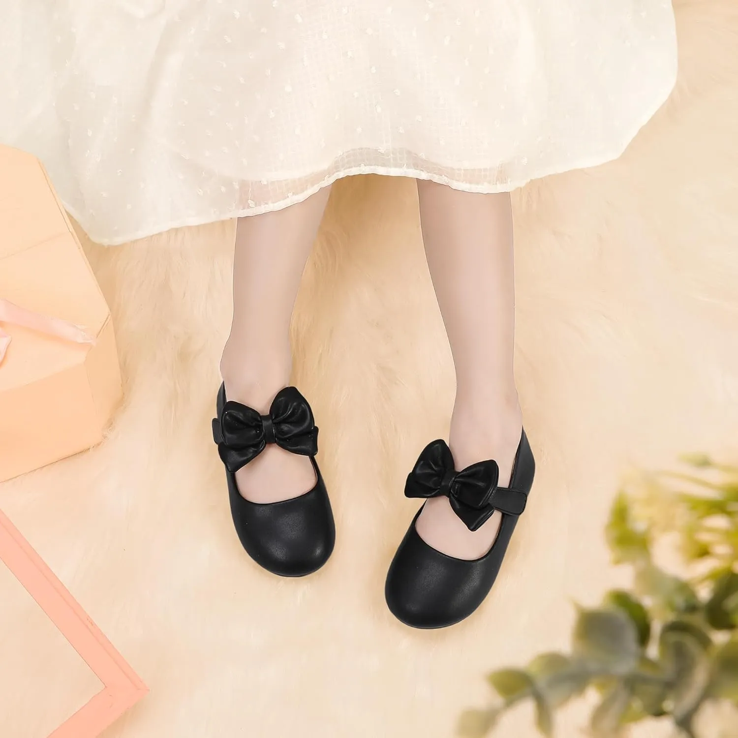 PANDANINJIA Toddler/Little Kid Girl's Angela Dress Mary Jane Ballet Flats Bow Flower Girl Wedding Party Ballerina Flat Shoes