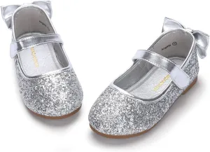 PANDANINJIA Toddler/Little Kid Girl's Angela Dress Mary Jane Ballet Flats Bow Flower Girl Wedding Party Ballerina Flat Shoes