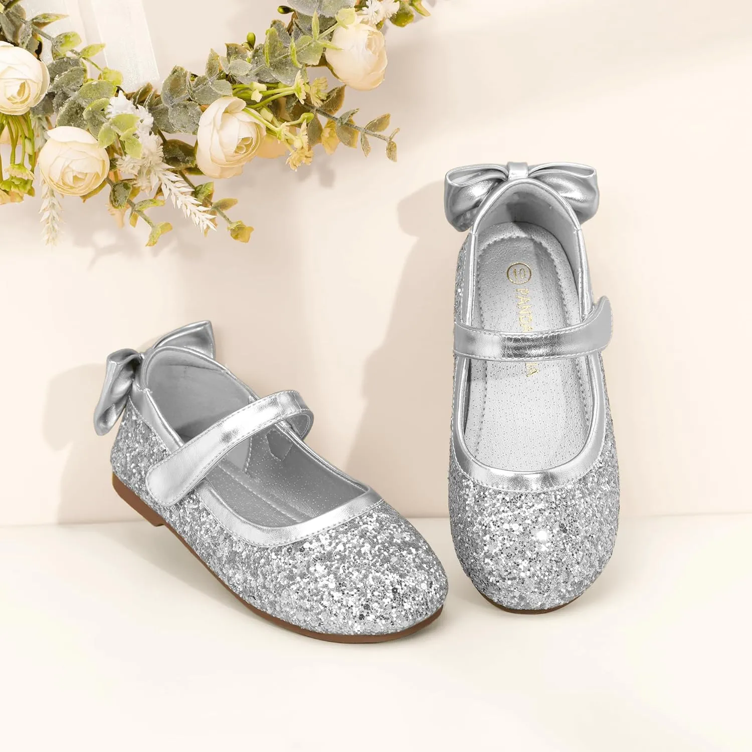 PANDANINJIA Toddler/Little Kid Girl's Angela Dress Mary Jane Ballet Flats Bow Flower Girl Wedding Party Ballerina Flat Shoes