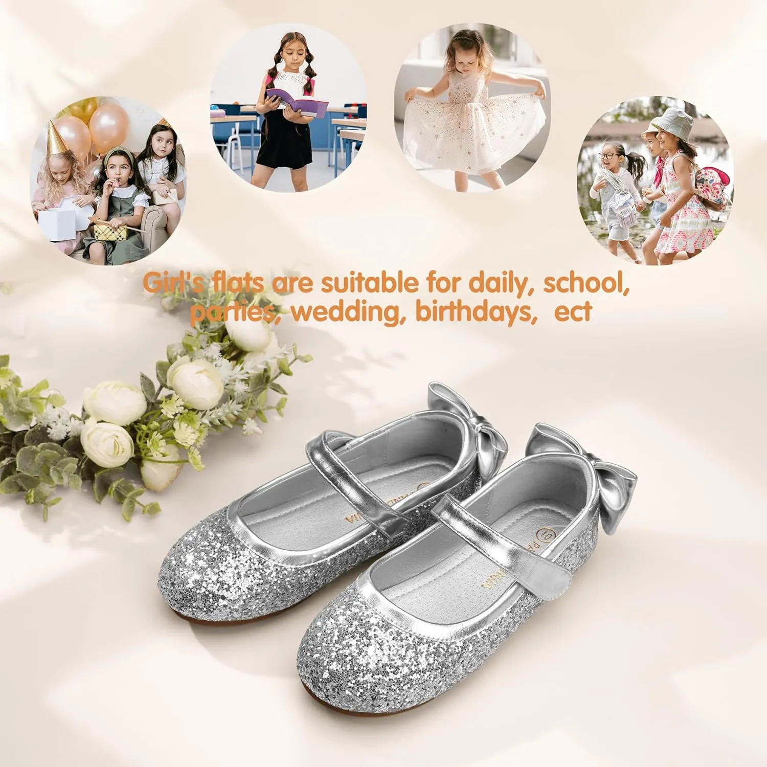 PANDANINJIA Toddler/Little Kid Girl's Angela Dress Mary Jane Ballet Flats Bow Flower Girl Wedding Party Ballerina Flat Shoes