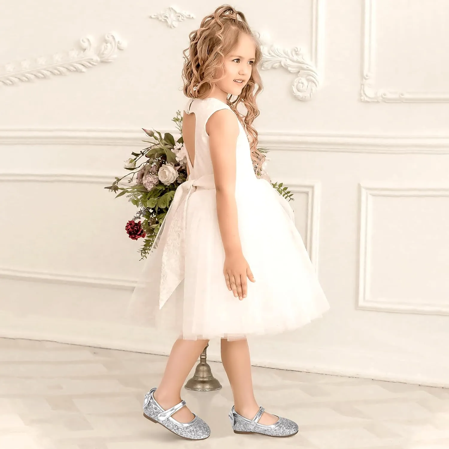 PANDANINJIA Toddler/Little Kid Girl's Angela Dress Mary Jane Ballet Flats Bow Flower Girl Wedding Party Ballerina Flat Shoes