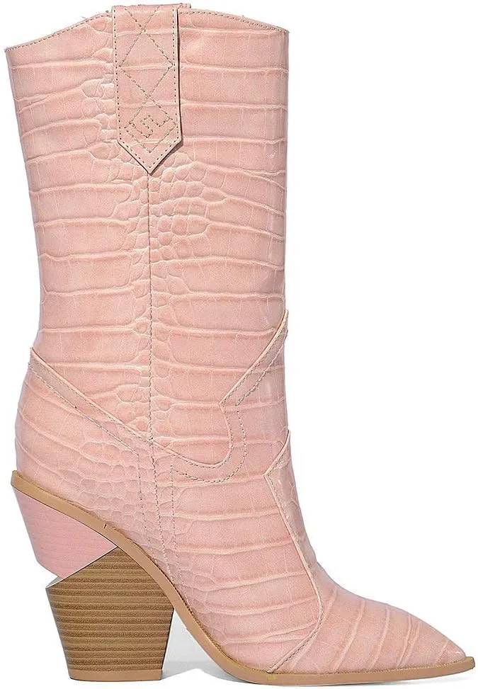 Parisuit Womens Chunky Stacked High Heel Cowgirl Mid Calf Boots Pointed Toe Western Boots Slip On Crocodile Shoes