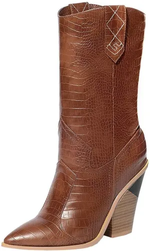 Parisuit Womens Chunky Stacked High Heel Cowgirl Mid Calf Boots Pointed Toe Western Boots Slip On Crocodile Shoes