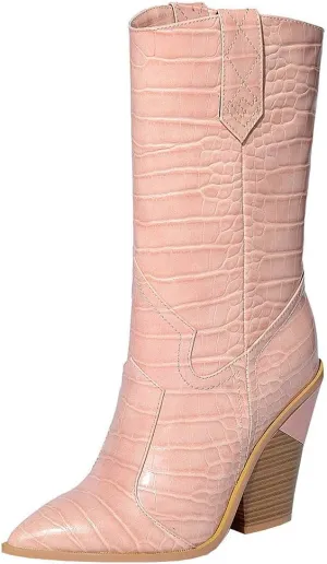 Parisuit Womens Chunky Stacked High Heel Cowgirl Mid Calf Boots Pointed Toe Western Boots Slip On Crocodile Shoes