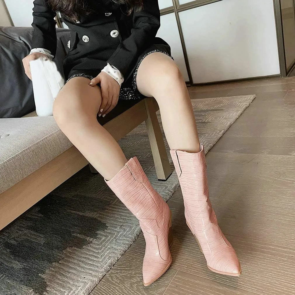 Parisuit Womens Chunky Stacked High Heel Cowgirl Mid Calf Boots Pointed Toe Western Boots Slip On Crocodile Shoes